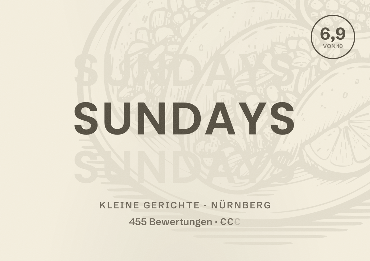 Illustriertes Poster von SUNDAYS, Kleine Gerichte in Nürnberg: Gästebewertung 6,9 von 10 aus 455 Bewertungen