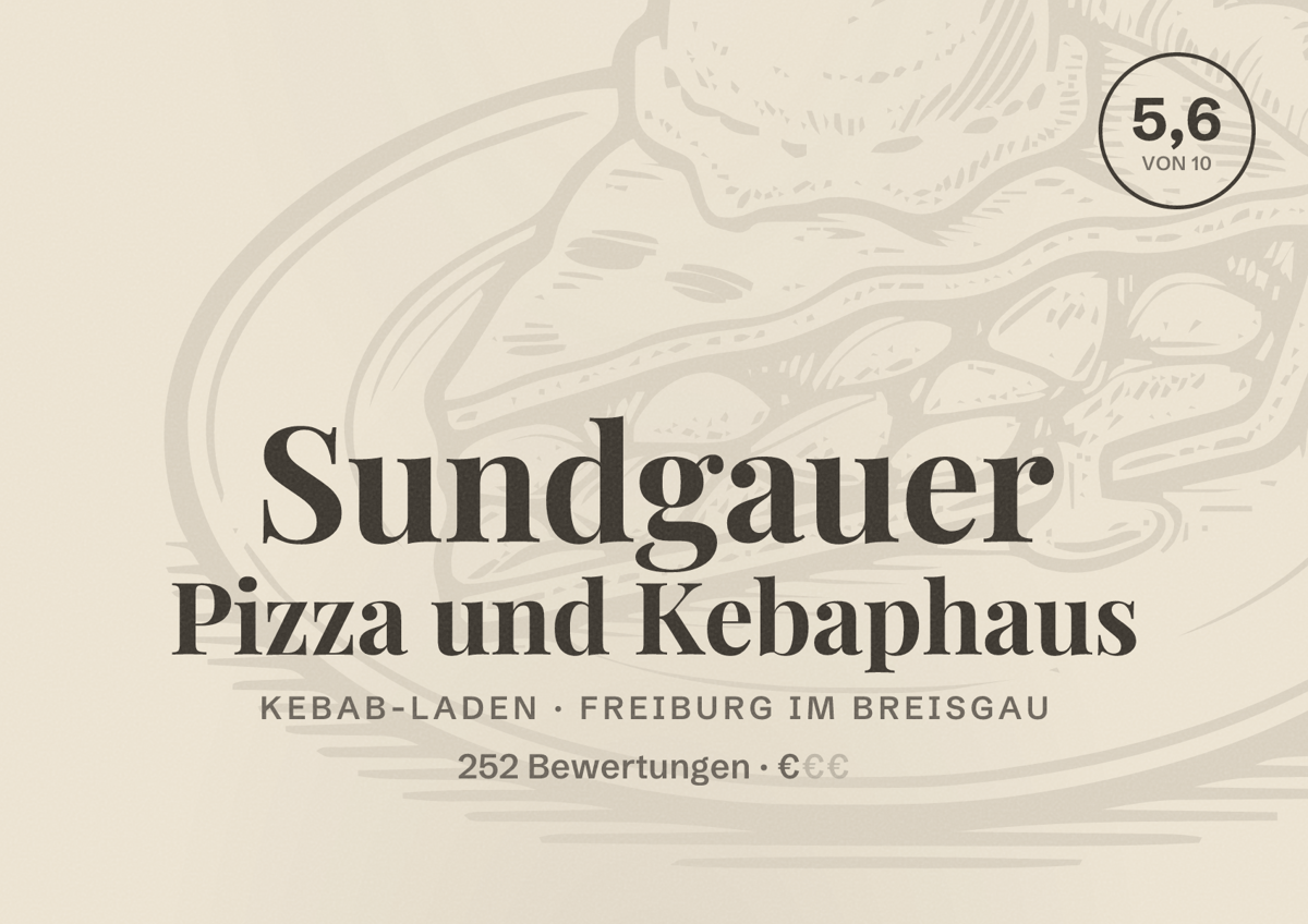 Illustriertes Poster von Sundgauer Pizza und Kebaphaus, Kebab-Laden in Freiburg im Breisgau: Bewertung 5,6 von 10 aus 252 Bewertungen, Preisniveau €