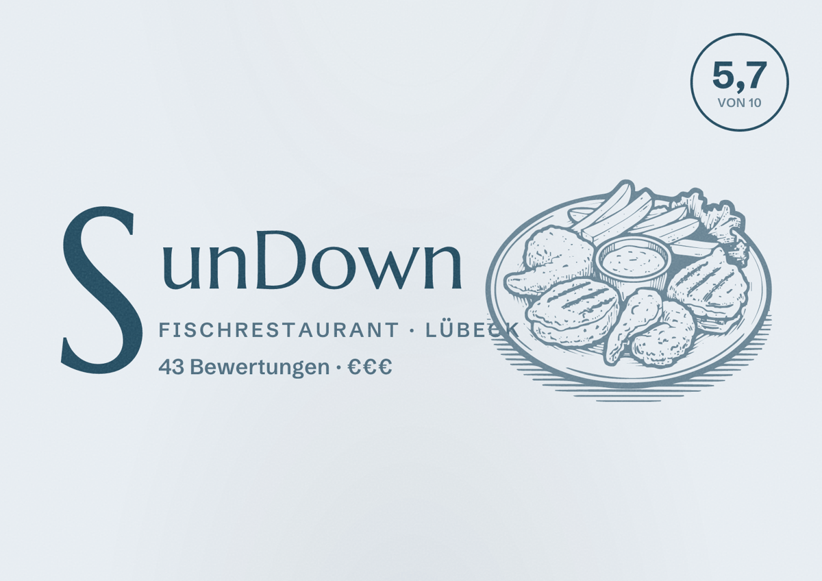Illustriertes Poster von SunDown, Fischrestaurant in Lübeck: Bewertung 5,7 von 10 aus 43 Bewertungen, Preisniveau €€€