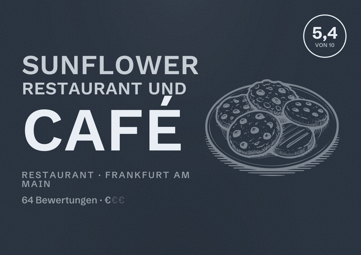 Illustriertes Poster von Sunflower Restaurant und Café, Restaurant in Frankfurt am Main: Bewertung 5,4 von 10 aus 64 Bewertungen, Preisniveau €