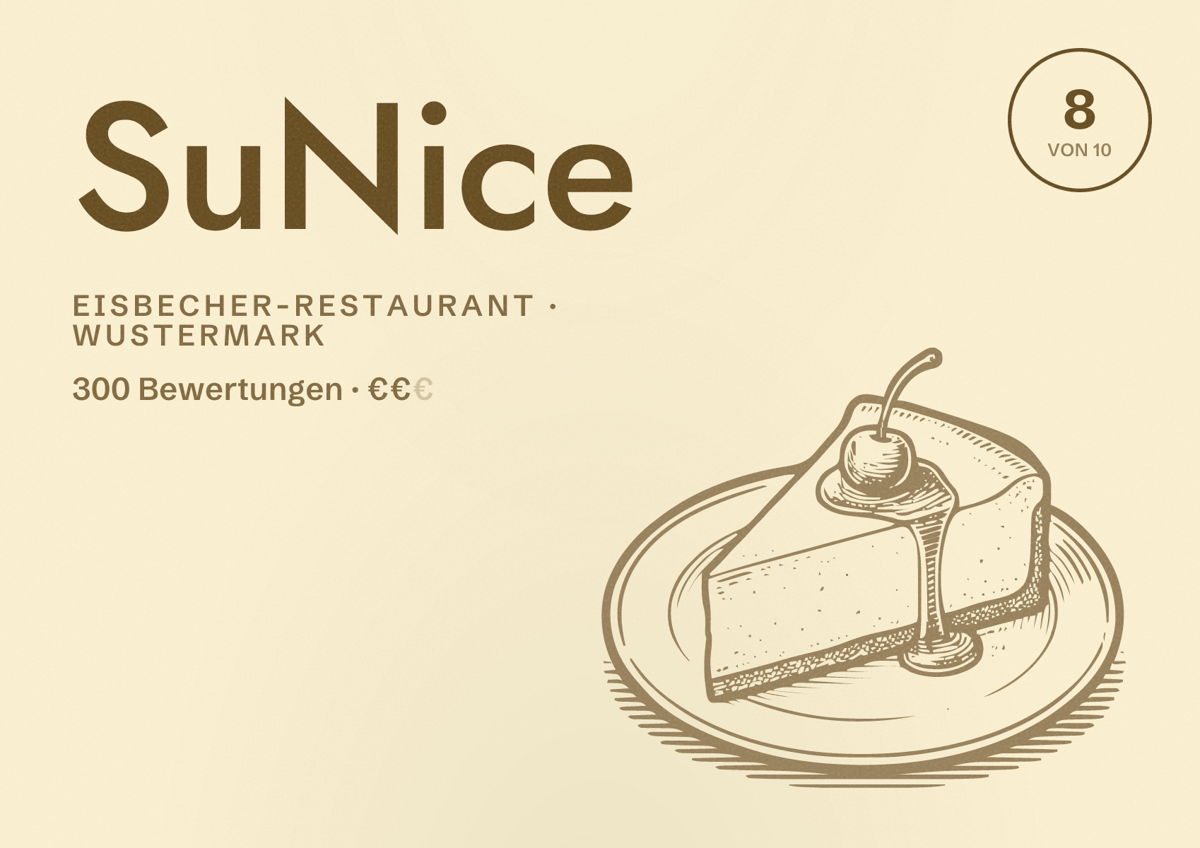 Illustriertes Poster von SuNice, Eisbecher-Restaurant in Wustermark: Bewertung 8 von 10 aus 300 Bewertungen, Preisniveau €€