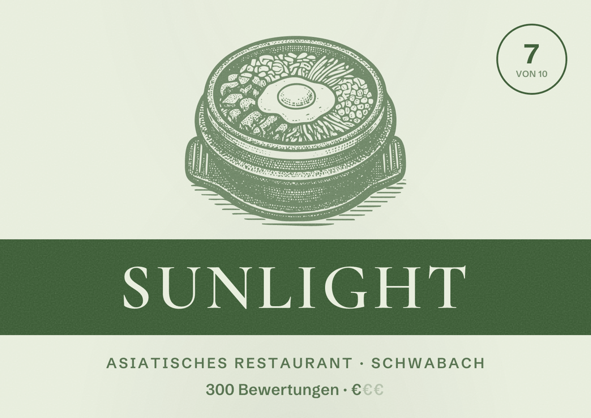 Illustriertes Poster von Sunlight, Asiatisches Restaurant in Schwabach: Bewertung 7 von 10 aus 300 Bewertungen, Preisniveau €