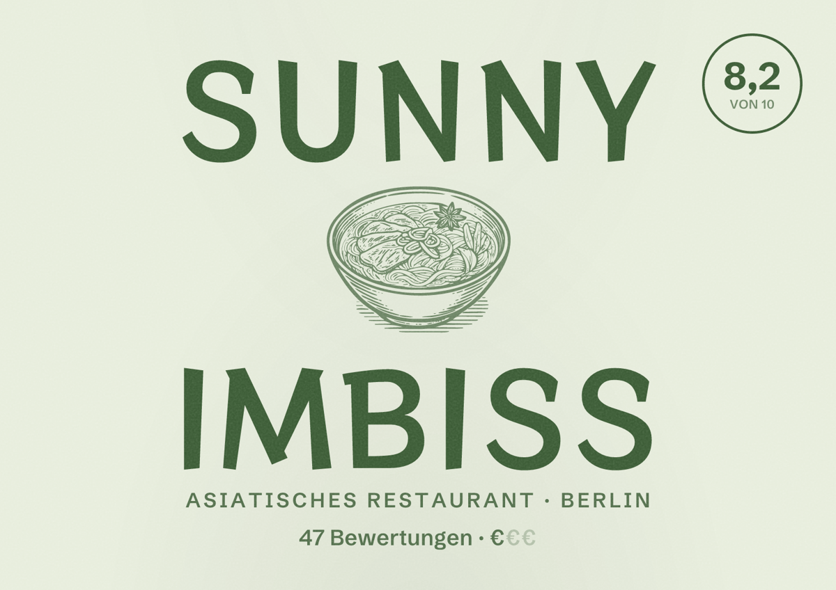 Illustriertes Poster von Sunny Imbiss, Asiatisches Restaurant in Berlin: Bewertung 8,2 von 10 aus 47 Bewertungen, Preisniveau €