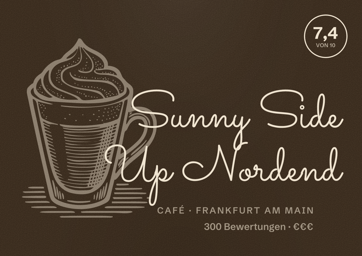 Illustriertes Poster von Sunny Side Up Nordend, Café in Frankfurt am Main: Bewertung 7,4 von 10 aus 300 Bewertungen, Preisniveau €€€