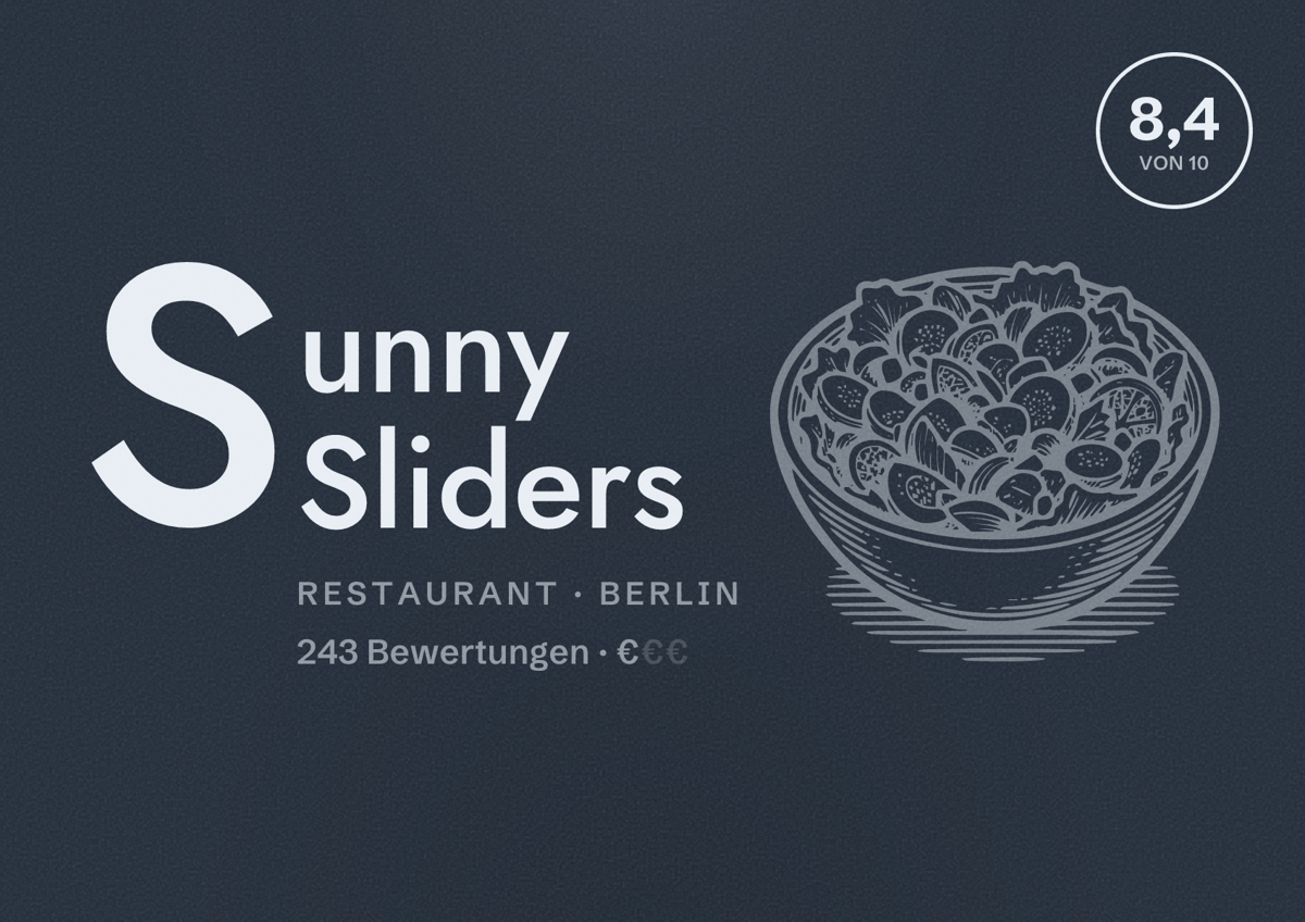 Illustriertes Poster von Sunny Sliders, Restaurant in Berlin: Bewertung 8,4 von 10 aus 243 Bewertungen, Preisniveau €