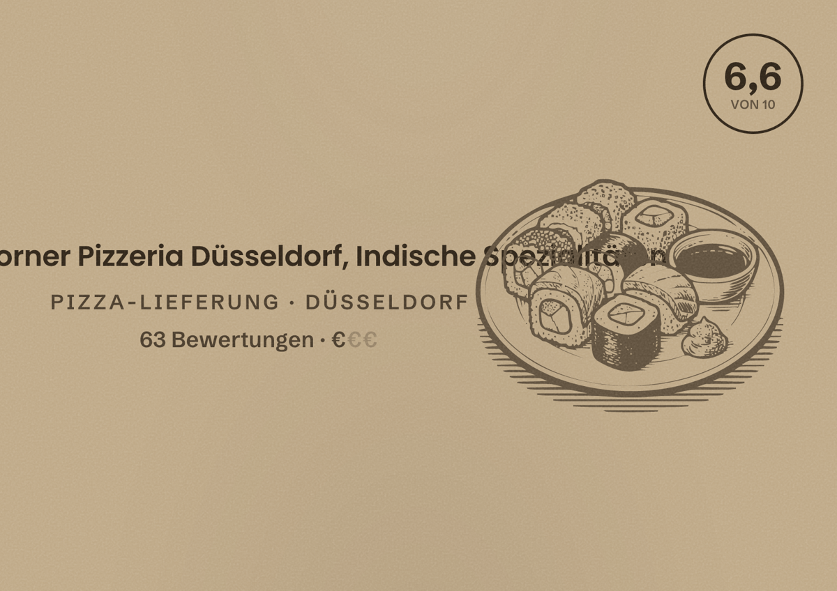 Illustriertes Poster von Sunny's Corner Pizzeria Düsseldorf, Indische Spezialitäten, Pizza-Lieferung in Düsseldorf: Bewertung 6,6 von 10 aus 63 Bewertungen, Preisniveau €