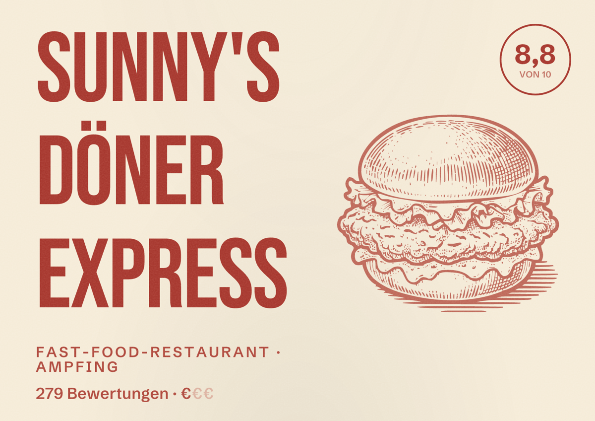 Illustriertes Poster von Sunny's Döner Express, Fast-Food-Restaurant in Ampfing: Bewertung 8,8 von 10 aus 279 Bewertungen, Preisniveau €