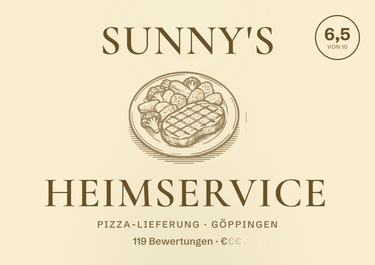 Illustriertes Poster von Sunny's Heimservice, Pizza-Lieferung in Göppingen: Bewertung 6,5 von 10 aus 119 Bewertungen, Preisniveau €