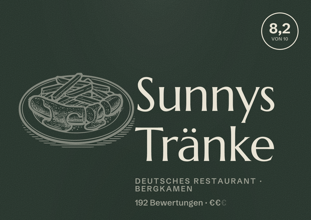 Illustriertes Poster von Sunnys Tränke, Deutsches Restaurant in Bergkamen: Bewertung 8,2 von 10 aus 192 Bewertungen, Preisniveau €€