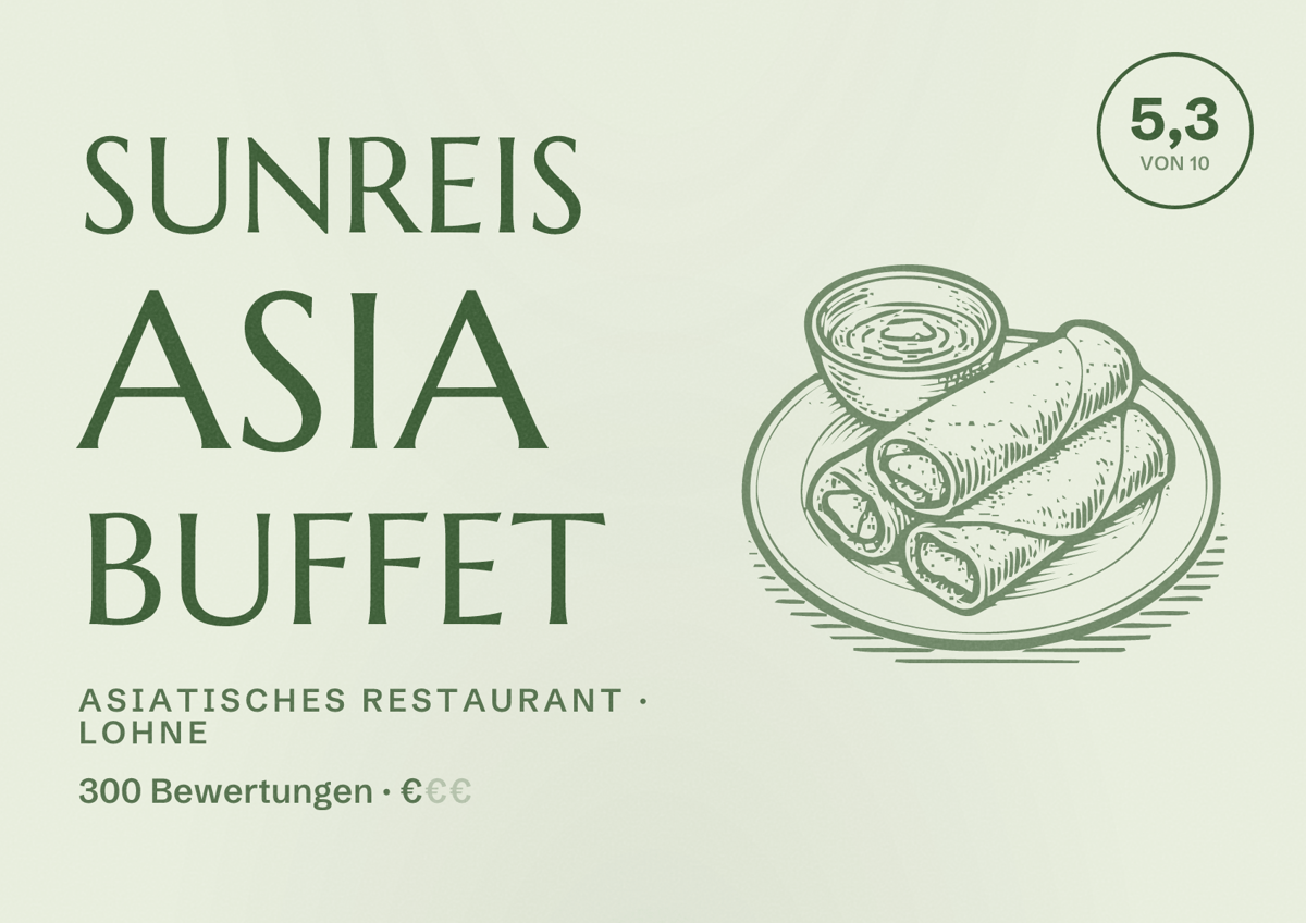 Illustriertes Poster von Sunreis Asia Buffet, Asiatisches Restaurant in Lohne: Bewertung 5,3 von 10 aus 300 Bewertungen, Preisniveau €