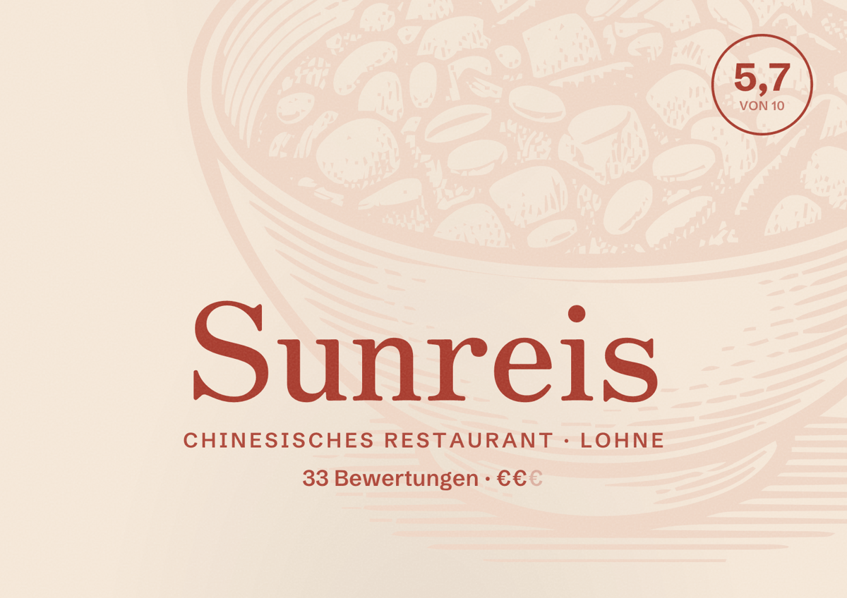Illustriertes Poster von Sunreis, Chinesisches Restaurant in Lohne: Bewertung 5,7 von 10 aus 33 Bewertungen, Preisniveau €€