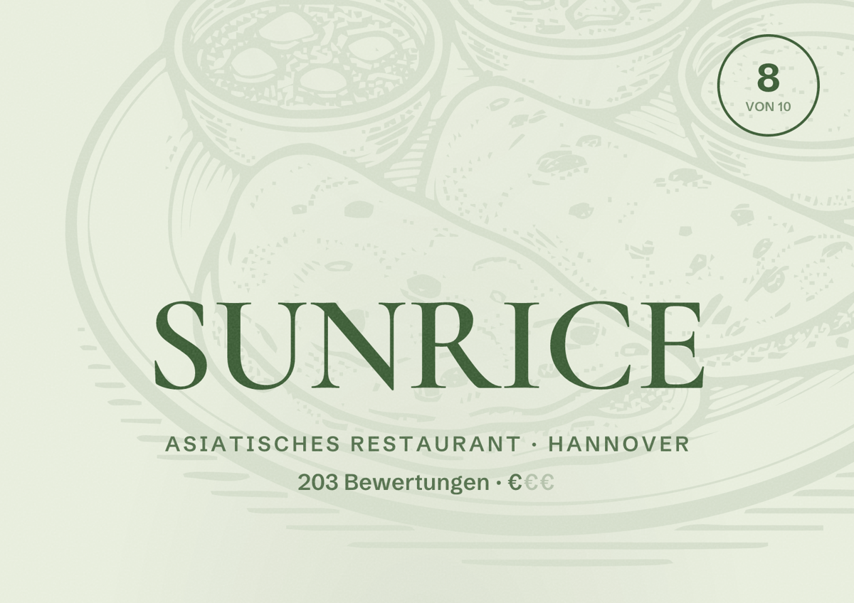Illustriertes Poster von SUNRICE, Asiatisches Restaurant in Hannover: Bewertung 8,0 von 10 aus 203 Bewertungen, Preisniveau €