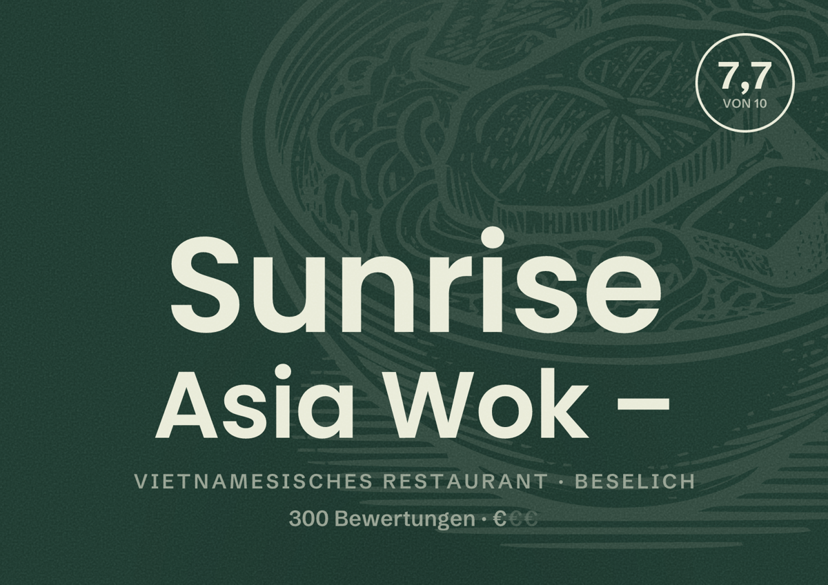 Illustriertes Poster von Sunrise Asia Wok –, Vietnamesisches Restaurant in Beselich: Bewertung 7,7 von 10 aus 300 Bewertungen, Preisniveau €