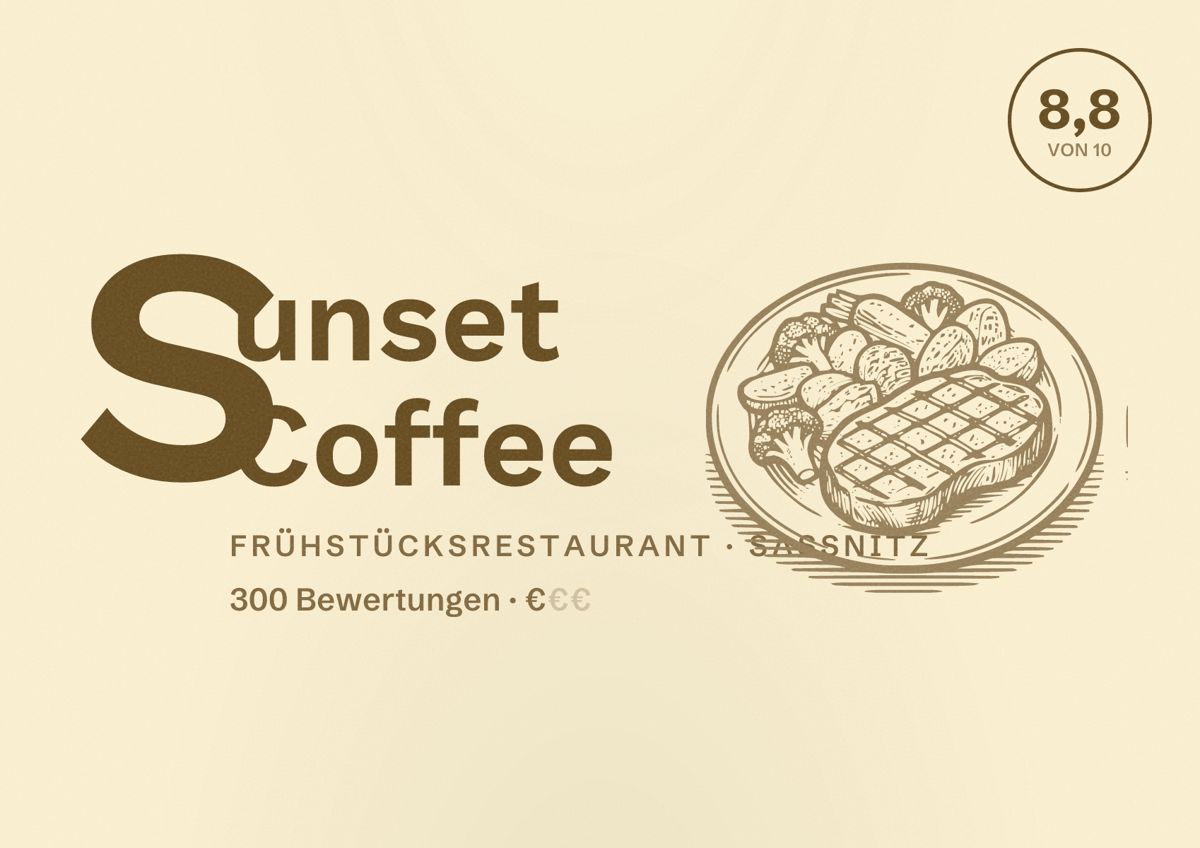 Illustriertes Poster von Sunset Coffee, Frühstücksrestaurant in Sassnitz: Bewertung 8,8 von 10 aus 300 Bewertungen, Preisniveau €