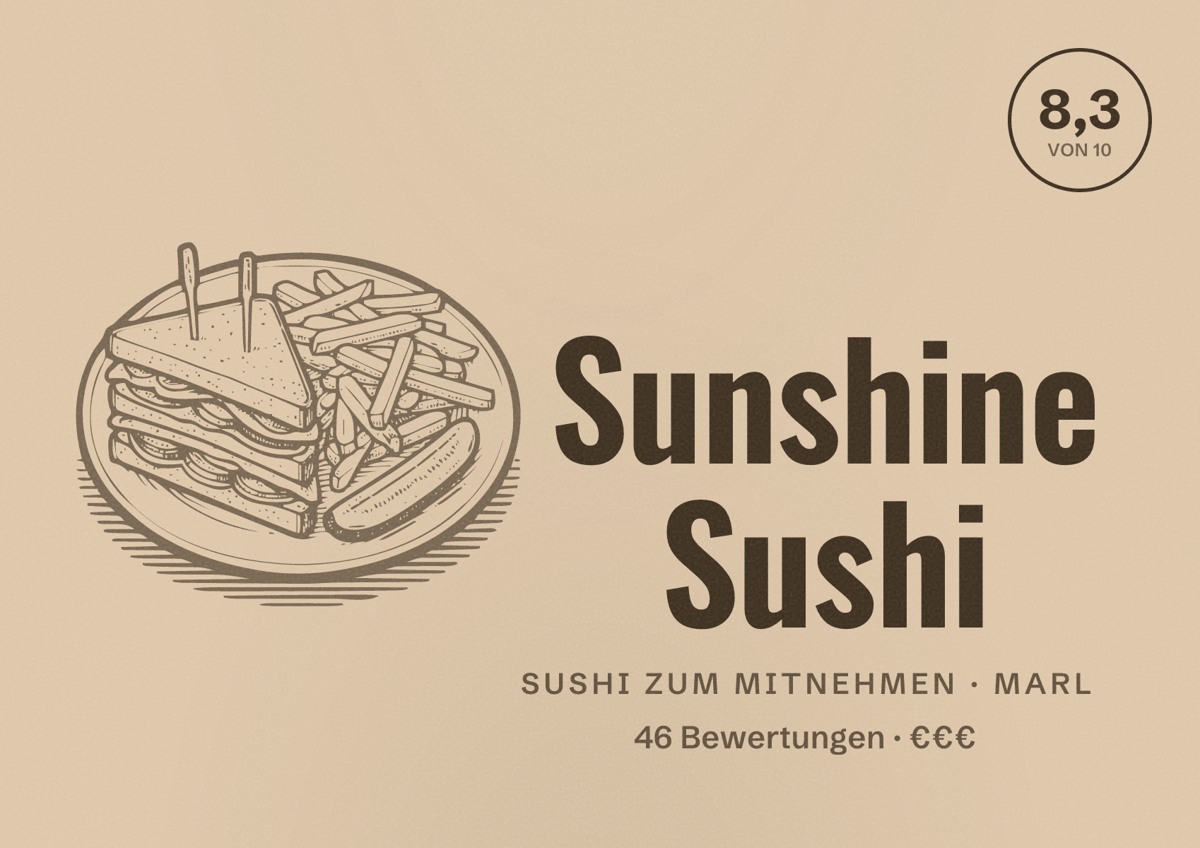 Illustriertes Poster von Sunshine Sushi, Sushi zum Mitnehmen in Marl: Bewertung 8,3 von 10 aus 46 Bewertungen, Preisniveau €€€