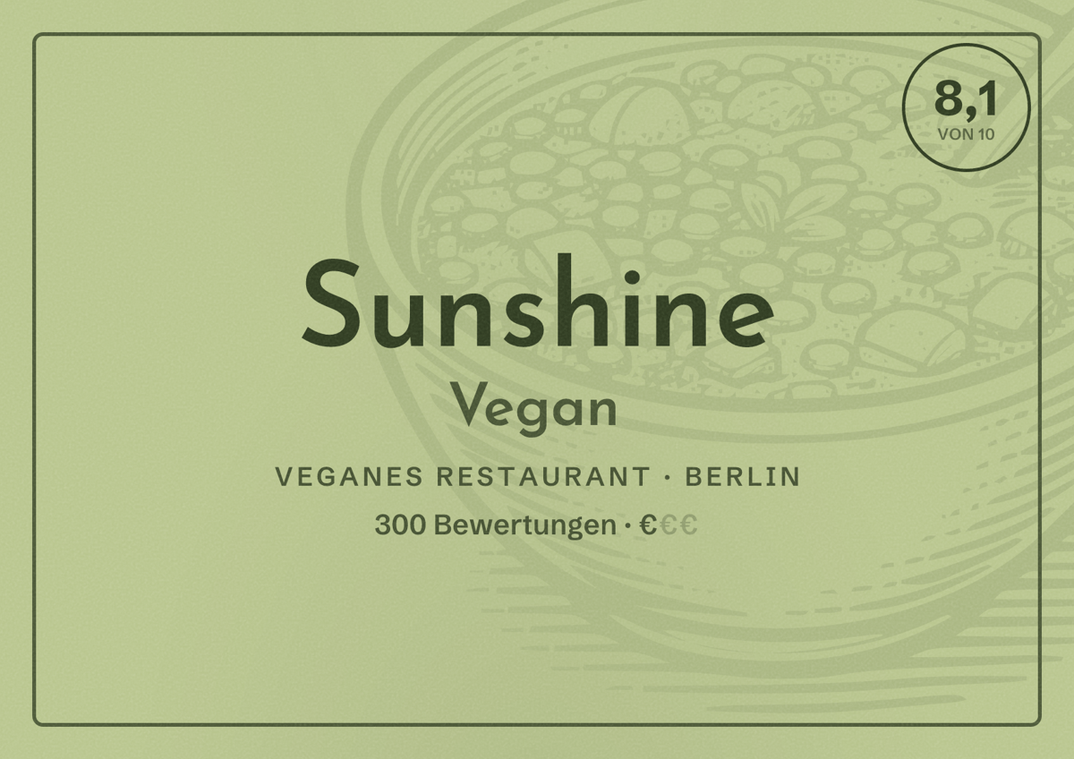 Illustriertes Poster von Sunshine Vegan, Veganes Restaurant in Berlin: Bewertung 8,1 von 10 aus 300 Bewertungen, Preisniveau €