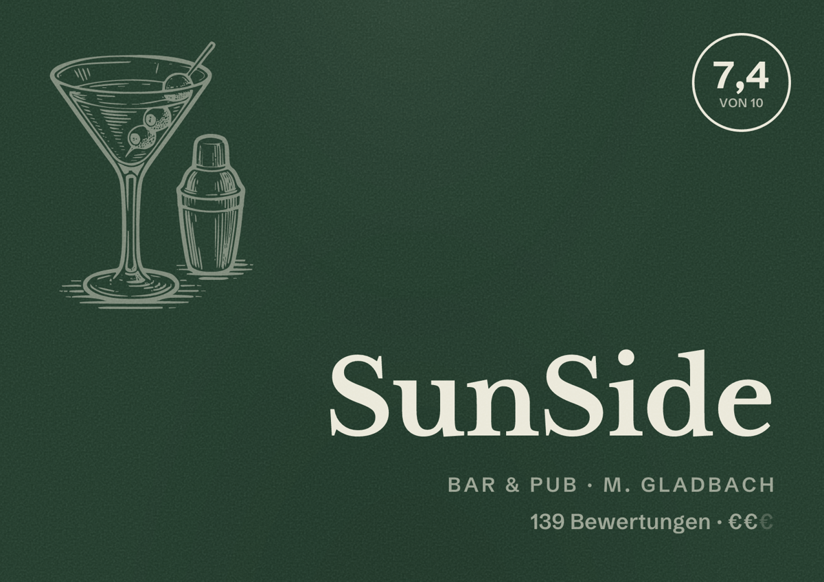 Illustriertes Poster von SunSide, Bar & Pub in M. Gladbach: Bewertung 7,4 von 10 aus 139 Bewertungen, Preisniveau €€