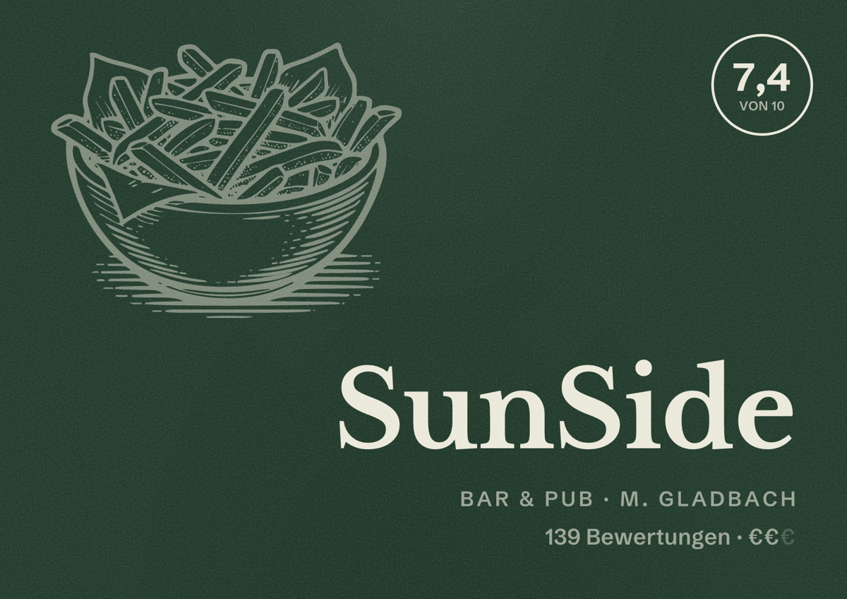 Illustriertes Poster von SunSide, Bar & Pub in M. Gladbach: Bewertung 7,4 von 10 aus 139 Bewertungen, Preisniveau €€