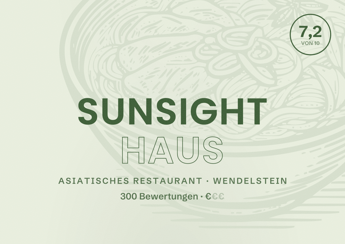 Illustriertes Poster von Sunsight Haus, Asiatisches Restaurant in Wendelstein: Bewertung 7,2 von 10 aus 300 Bewertungen, Preisniveau €