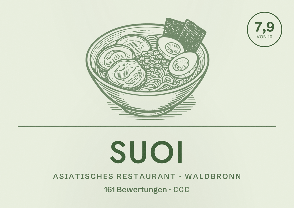Illustriertes Poster von Suoi, Asiatisches Restaurant in Waldbronn: Bewertung 7,9 von 10 aus 161 Bewertungen, Preisniveau €€€