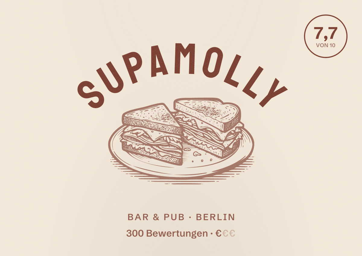 Illustriertes Poster von Supamolly, Bar & Pub in Berlin: Bewertung 7,7 von 10 aus 300 Bewertungen, Preisniveau €