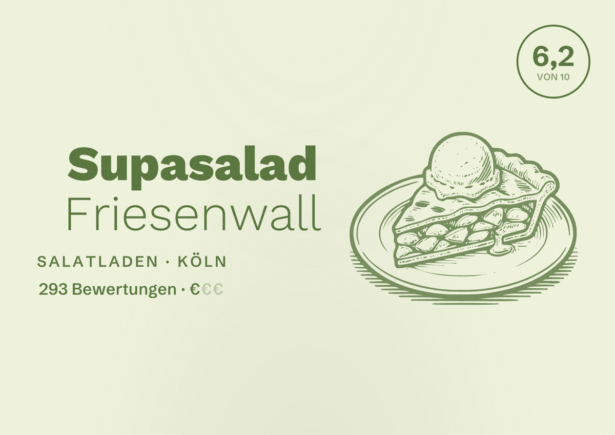 Illustriertes Poster von Supasalad Friesenwall, Salatladen in Köln: Bewertung 6,2 von 10 aus 293 Bewertungen, Preisniveau €