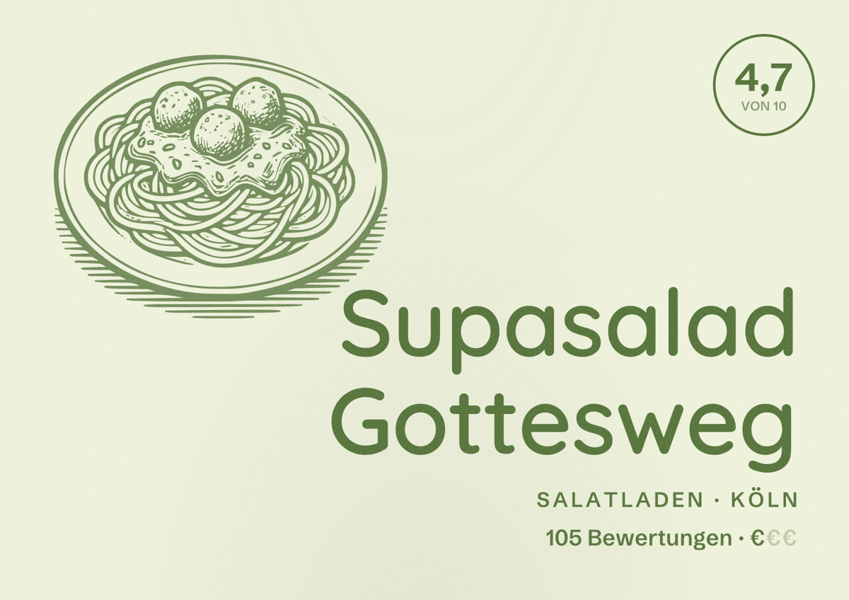Illustriertes Poster von Supasalad Gottesweg, Salatladen in Köln: Bewertung 4,7 von 10 aus 105 Bewertungen, Preisniveau €