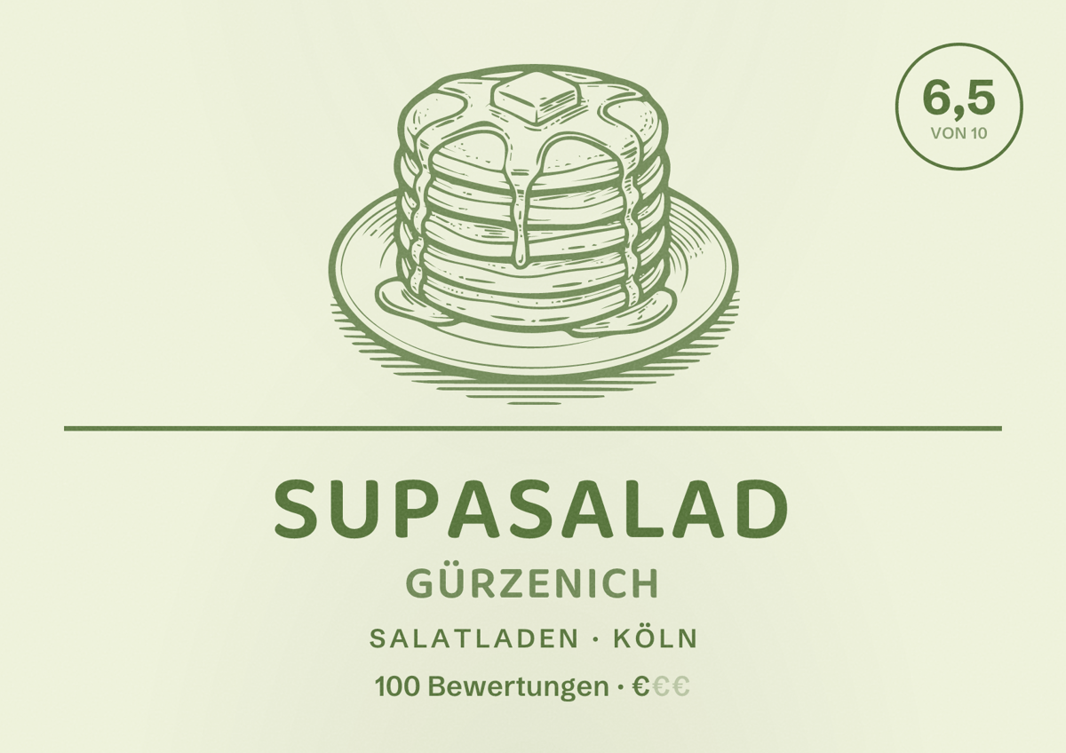 Illustriertes Poster von Supasalad Gürzenich, Salatladen in Köln: Bewertung 6,5 von 10 aus 100 Bewertungen, Preisniveau €