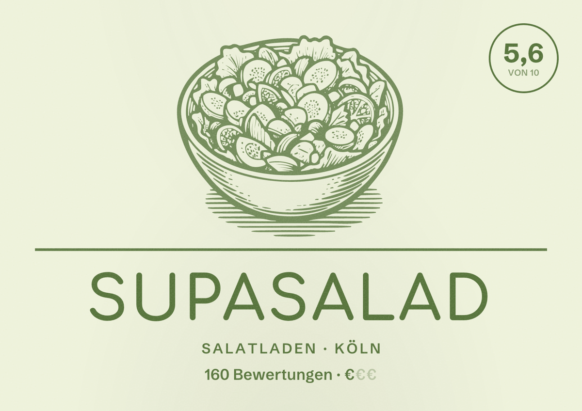 Illustriertes Poster von Supasalad, Salatladen in Köln: Bewertung 5,6 von 10 aus 160 Bewertungen, Preisniveau €