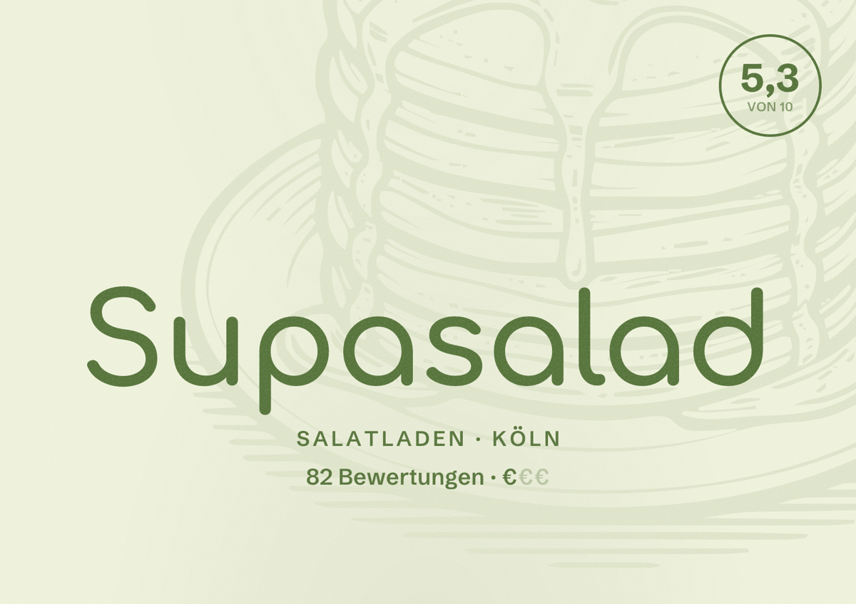 Illustriertes Poster von Supasalad, Salatladen in Köln: Bewertung 5,3 von 10 aus 82 Bewertungen, Preisniveau €