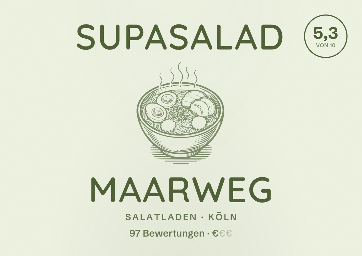 Illustriertes Poster von Supasalad Maarweg, Salatladen in Köln: Bewertung 5,3 von 10 aus 97 Bewertungen, Preisniveau €