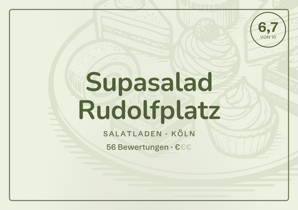 Illustriertes Poster von Supasalad Rudolfplatz, Salatladen in Köln: Bewertung 6,7 von 10 aus 56 Bewertungen, Preisniveau €