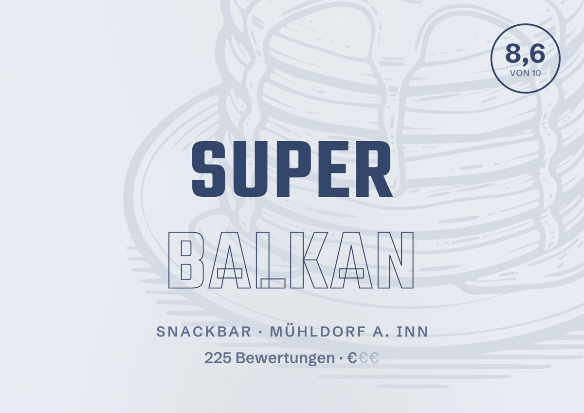 Illustriertes Poster von Super Balkan, Snackbar in Mühldorf a. Inn: Bewertung 8,6 von 10 aus 225 Bewertungen, Preisniveau €