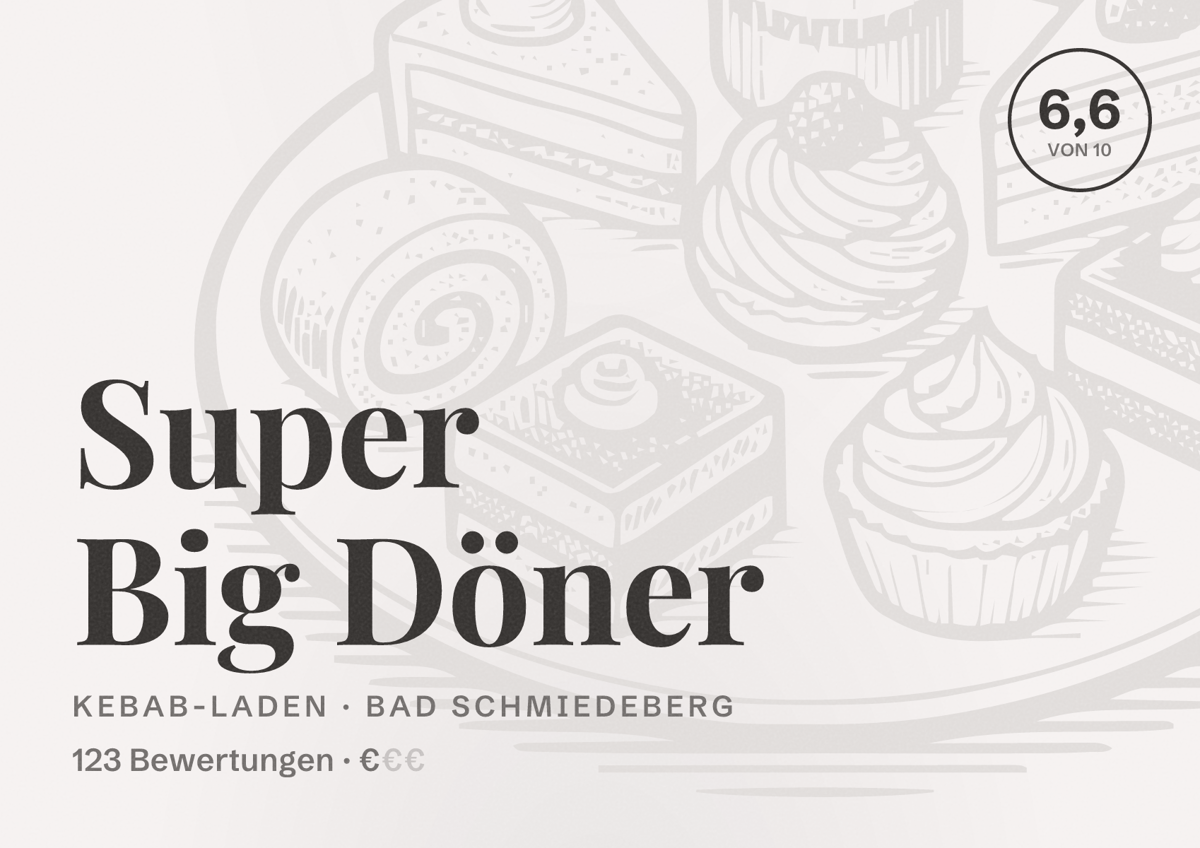 Illustriertes Poster von Super Big Döner, Kebab-Laden in Bad Schmiedeberg: Bewertung 6,6 von 10 aus 123 Bewertungen, Preisniveau €