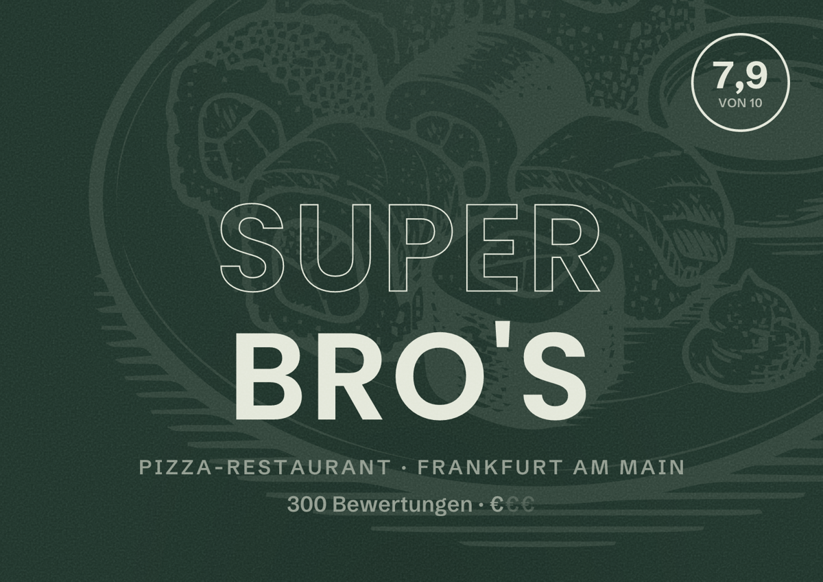 Illustriertes Poster von Super Bro's, Pizza-Restaurant in Frankfurt am Main: Bewertung 7,9 von 10 aus 300 Bewertungen, Preisniveau €