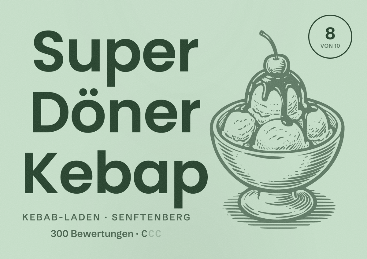 Illustriertes Poster von Super Döner Kebap, Kebab-Laden in Senftenberg: Bewertung 8 von 10 aus 300 Bewertungen, Preisniveau €