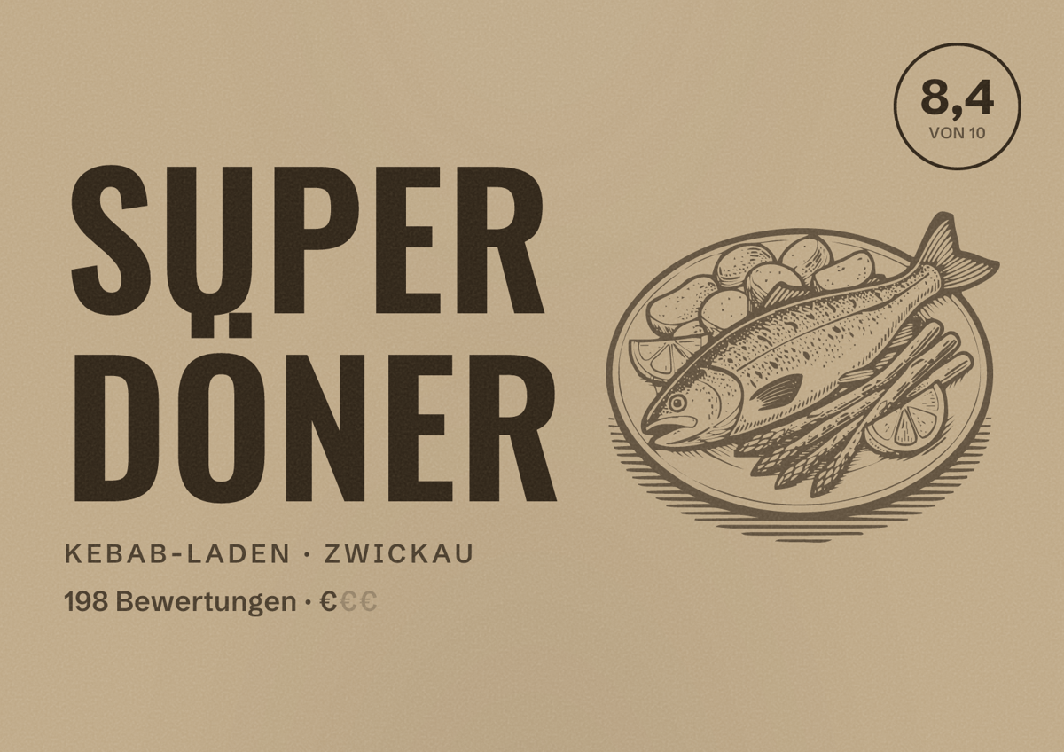 Illustriertes Poster von Super Döner, Kebab-Laden in Zwickau: Bewertung 8,4 von 10 aus 198 Bewertungen, Preisniveau €
