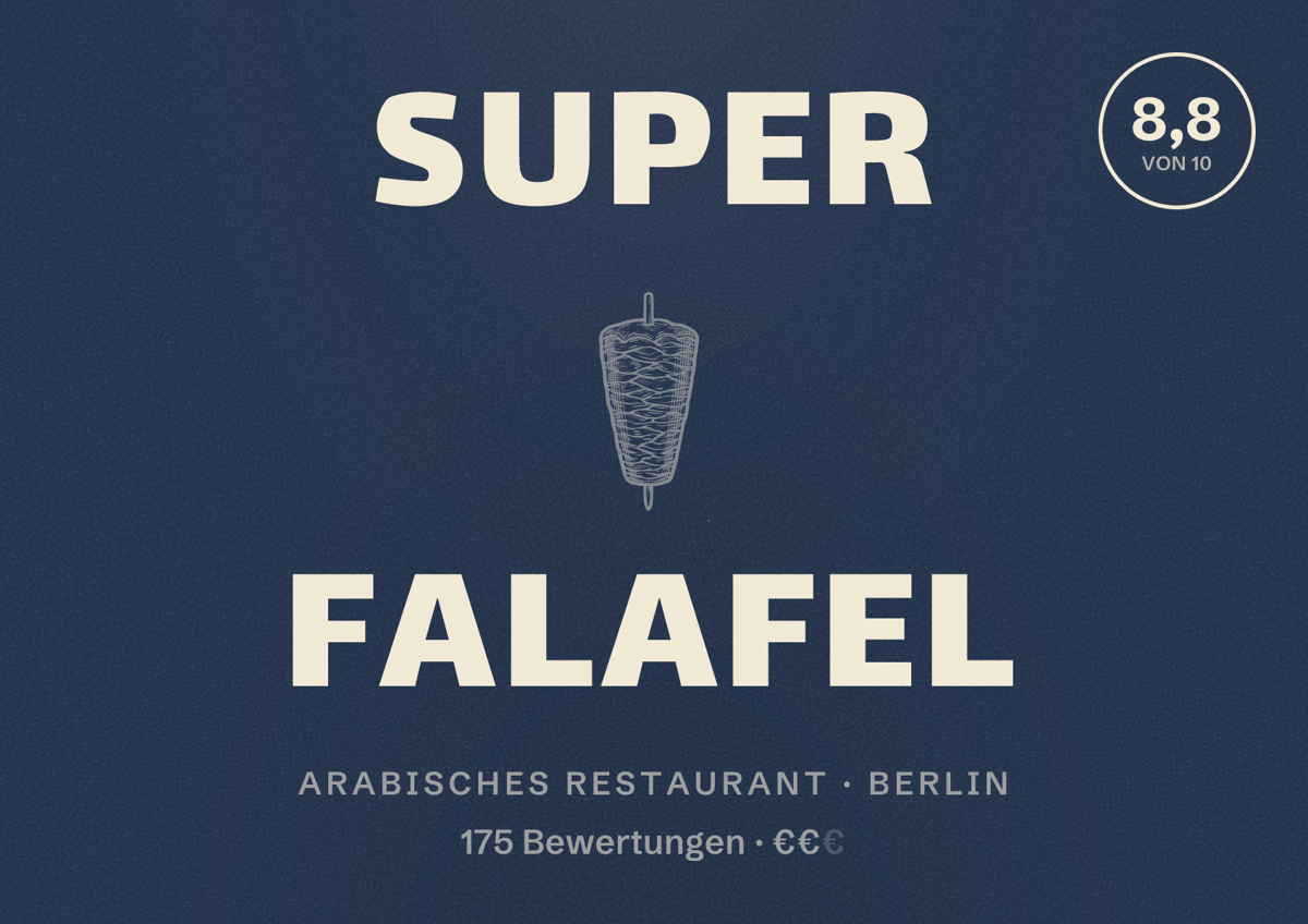 Illustriertes Poster von Super Falafel, Arabisches Restaurant in Berlin: Bewertung 8,8 von 10 aus 175 Bewertungen, Preisniveau €€