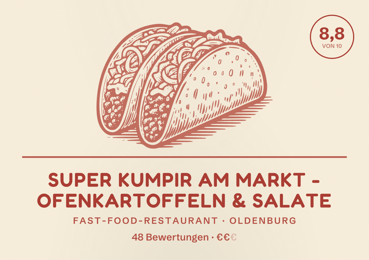 Illustriertes Poster von Super Kumpir am Markt - Ofenkartoffeln & Salate, Fast-Food-Restaurant in Oldenburg: Bewertung 8,8 von 10 aus 48 Bewertungen, Preisniveau €€