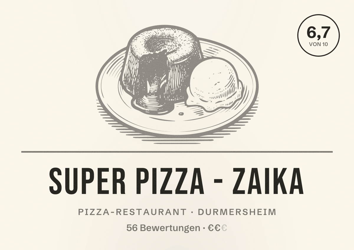 Illustriertes Poster von Super Pizza - Zaika, Pizza-Restaurant in Durmersheim: Bewertung 6,7 von 10 aus 56 Bewertungen, Preisniveau €€