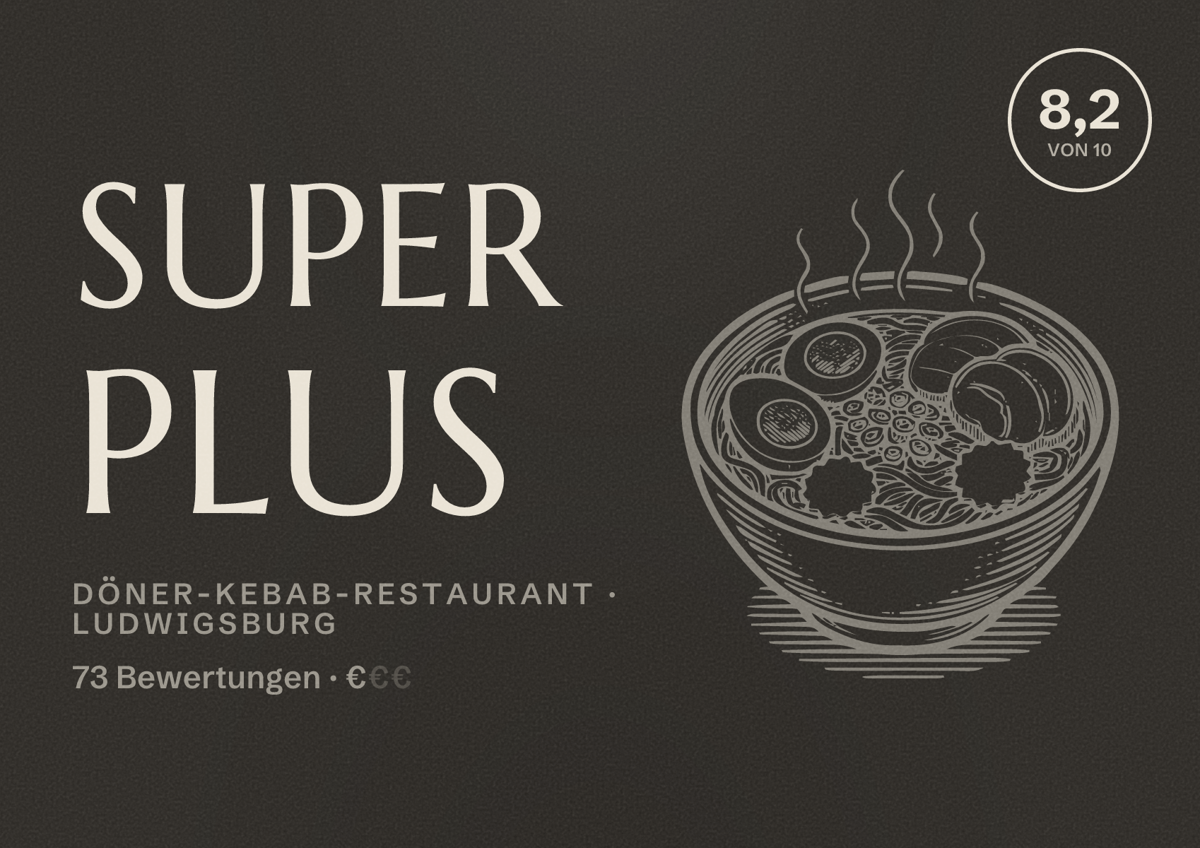 Illustriertes Poster von SUPER PLUS, Döner-Kebab-Restaurant in Ludwigsburg: Bewertung 8,2 von 10 aus 73 Bewertungen, Preisniveau €