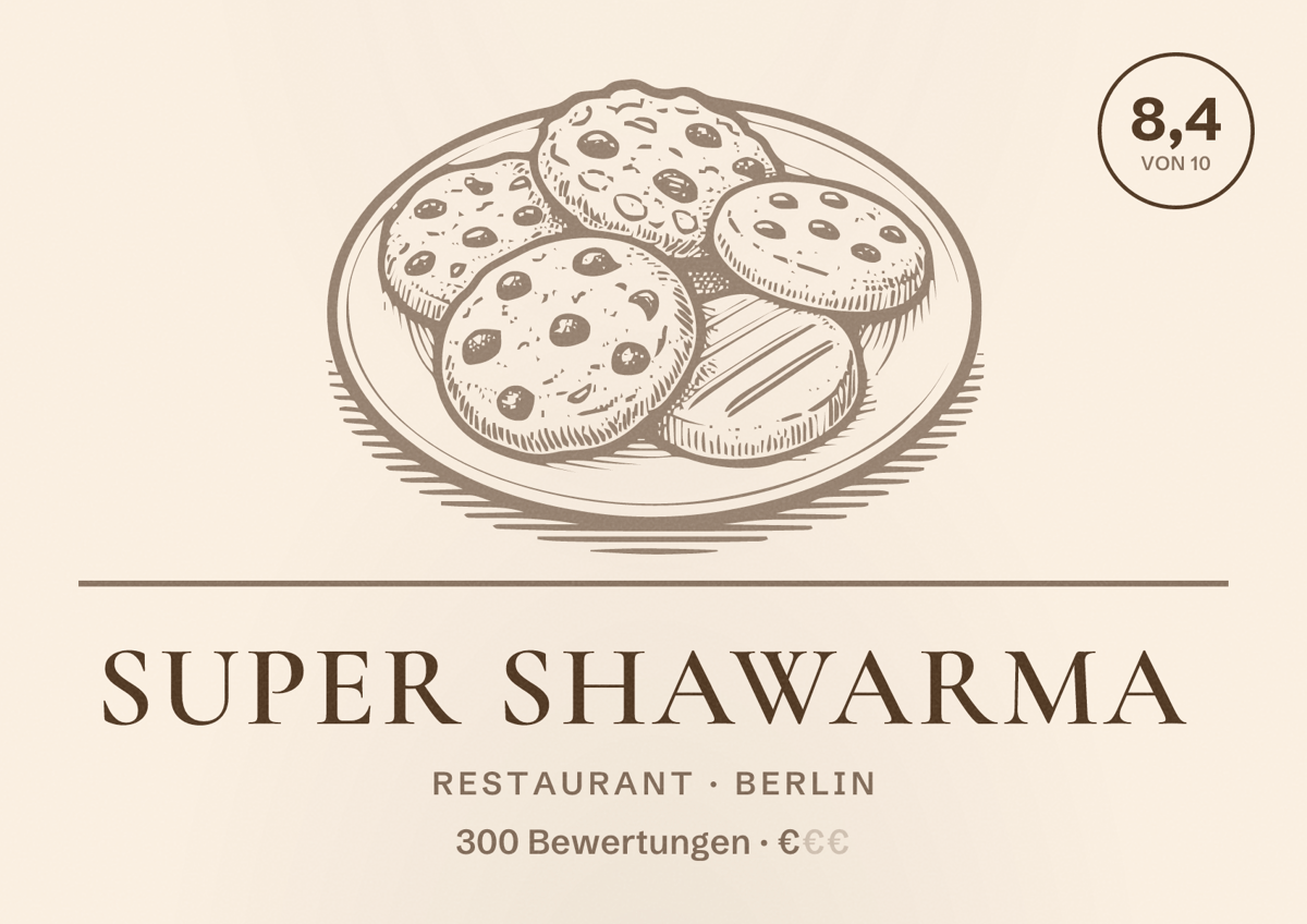 Illustriertes Poster von Super Shawarma, Restaurant in Berlin: Bewertung 8,4 von 10 aus 300 Bewertungen, Preisniveau €
