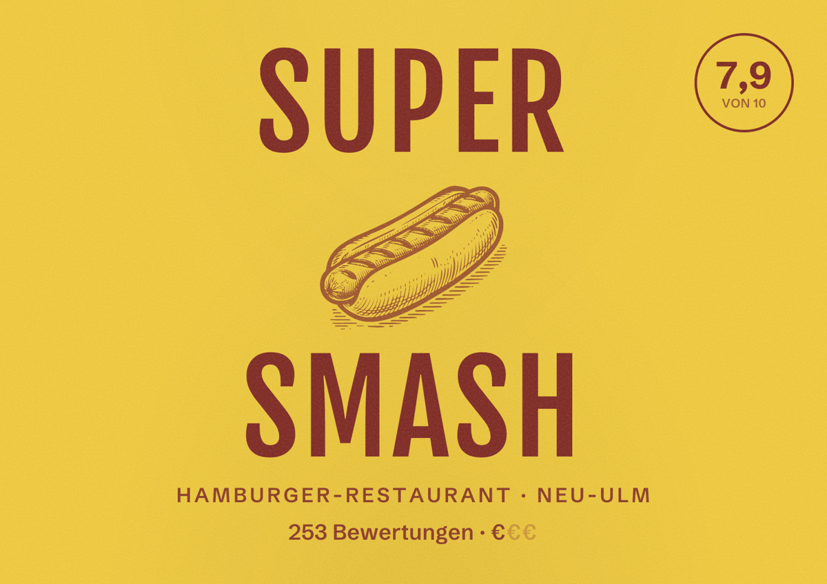 Illustriertes Poster von Super Smash, Hamburger-Restaurant in Neu-Ulm: Bewertung 7,9 von 10 aus 253 Bewertungen, Preisniveau €