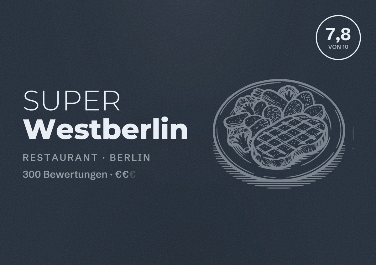 Illustriertes Poster von SUPER Westberlin, Restaurant in Berlin: Bewertung 7,8 von 10 aus 300 Bewertungen, Preisniveau €€