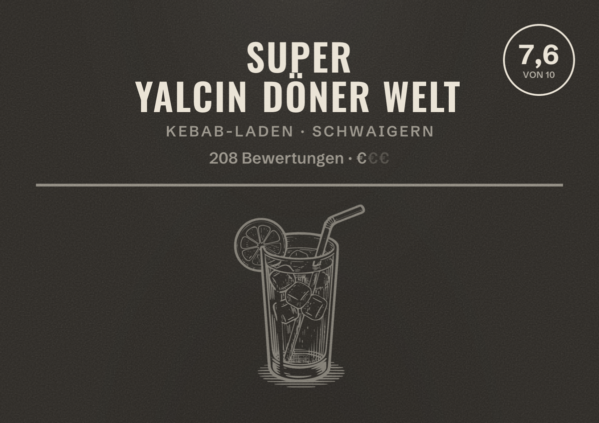 Illustriertes Poster von super yalcin döner welt, Kebab-Laden in Schwaigern: Bewertung 7,6 von 10 aus 208 Bewertungen, Preisniveau €