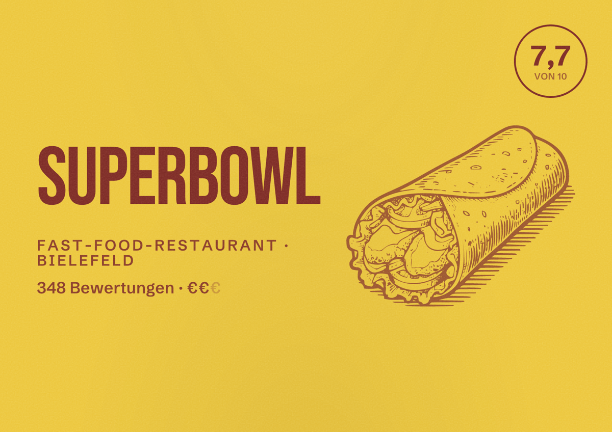 Illustriertes Poster von SUPERBOWL, Fast-Food-Restaurant in Bielefeld: Bewertung 7,7 von 10 aus 348 Bewertungen, Preisniveau €€