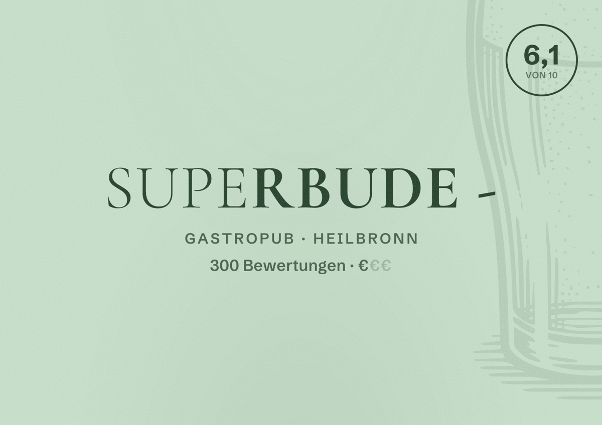 Illustriertes Poster von SuperBude -, Gastropub in Heilbronn: Bewertung 6,1 von 10 aus 300 Bewertungen, Preisniveau €