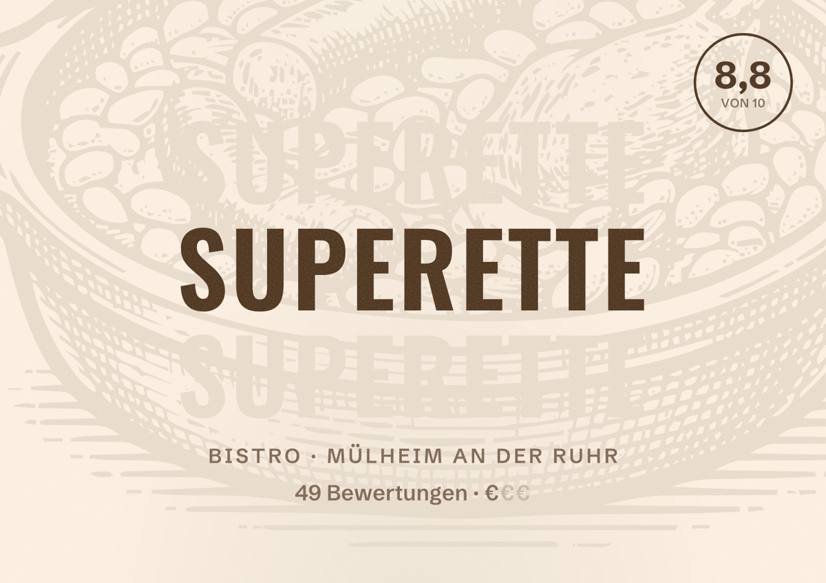 Illustriertes Poster von Superette, Bistro in Mülheim an der Ruhr: Bewertung 8,8 von 10 aus 49 Bewertungen, Preisniveau €