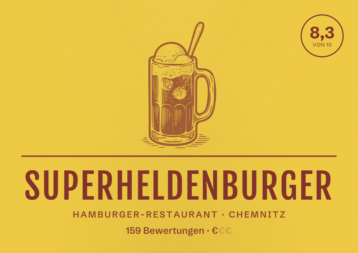 Illustriertes Poster von Superheldenburger, Hamburger-Restaurant in Chemnitz: Bewertung 8,3 von 10 aus 159 Bewertungen, Preisniveau €