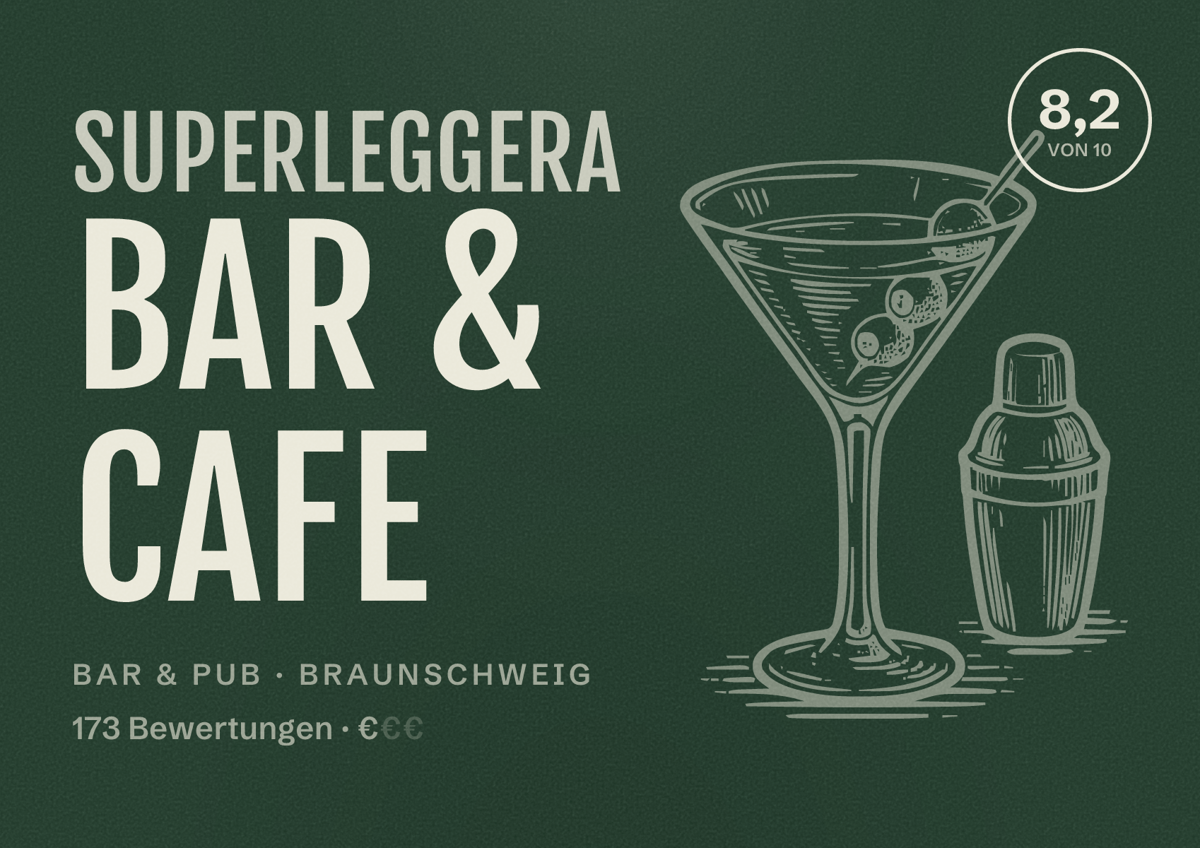 Illustriertes Poster von Superleggera Bar & Cafe, Bar & Pub in Braunschweig: Bewertung 8,2 von 10 aus 173 Bewertungen, Preisniveau €